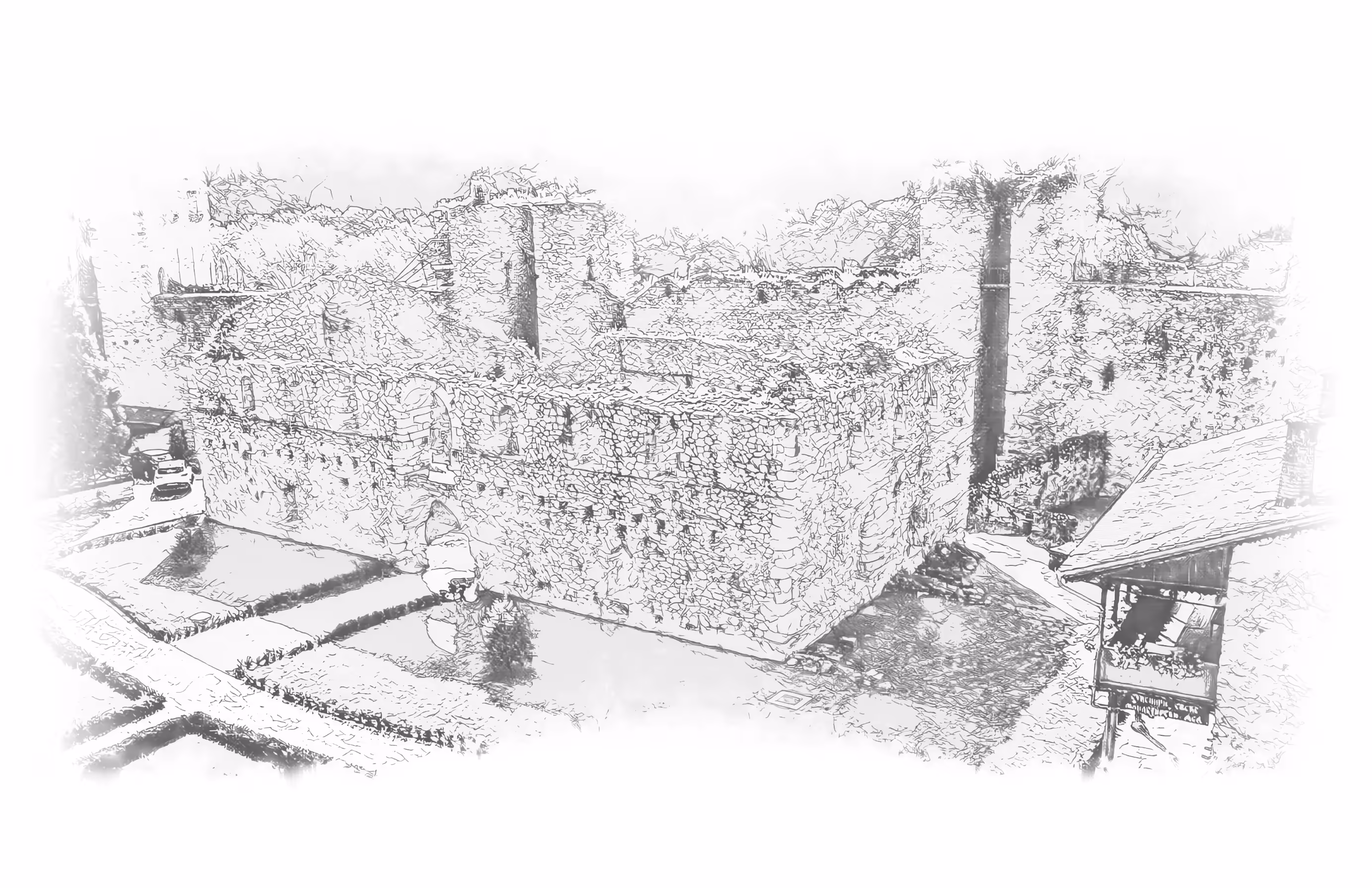 Ruins of the old refectory in the courtyard of Manasija, engraving