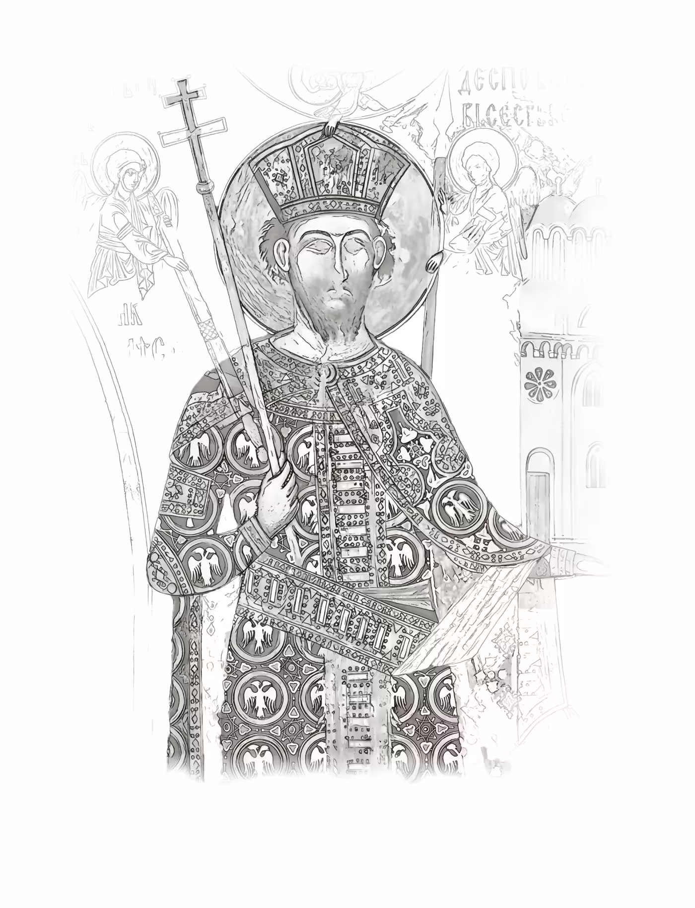 Despot Stefan Lazarević with a model of Manasija - founder's portrait, pencil drawing