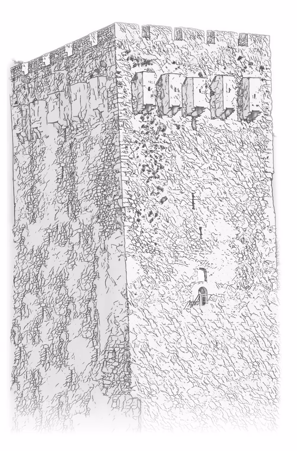The Despot's Tower, engraving - front view: battlements, machicolations and an entrance high above the ground
