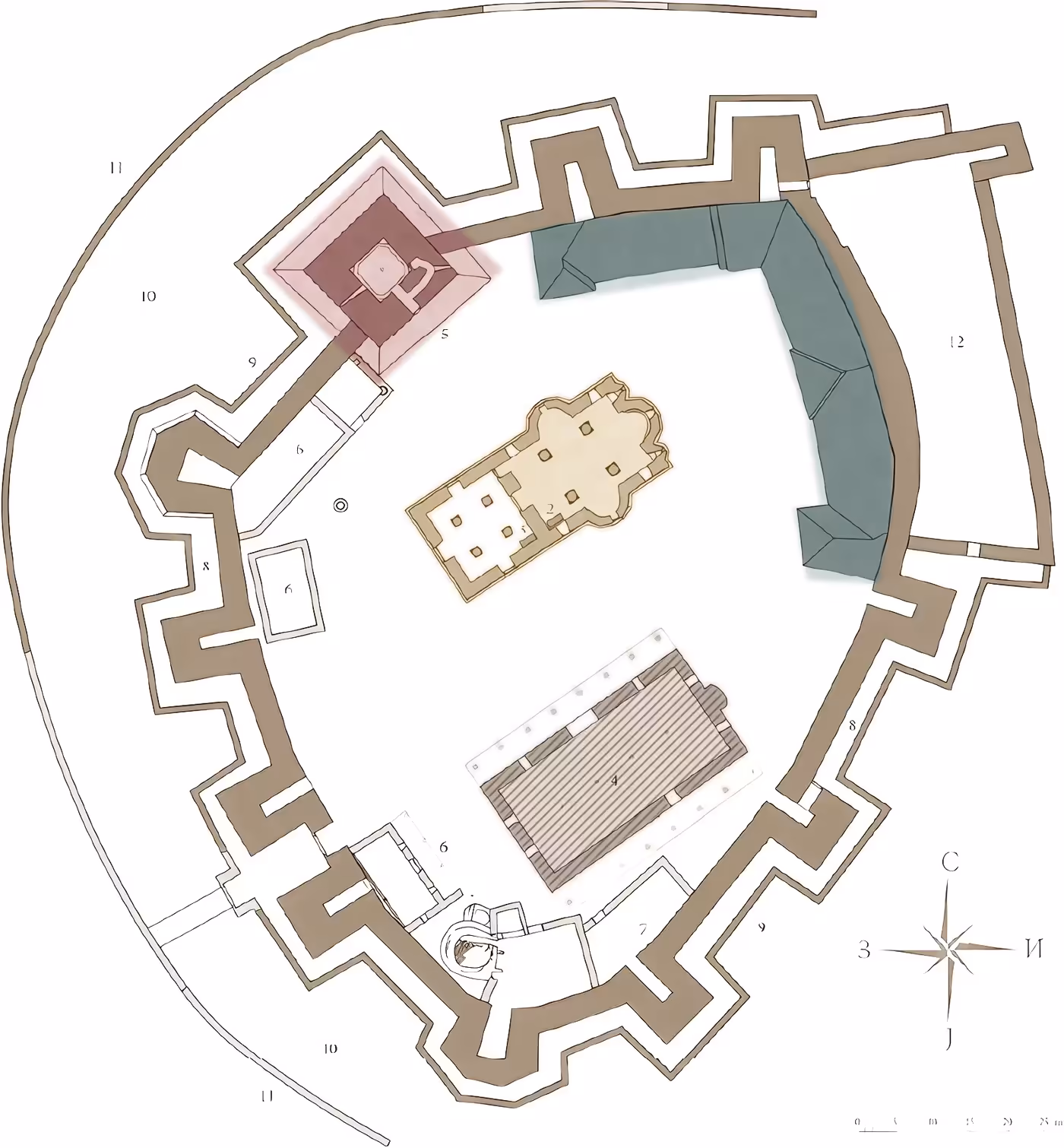 Plan of Manasija Monastery - an old plan with colored sections